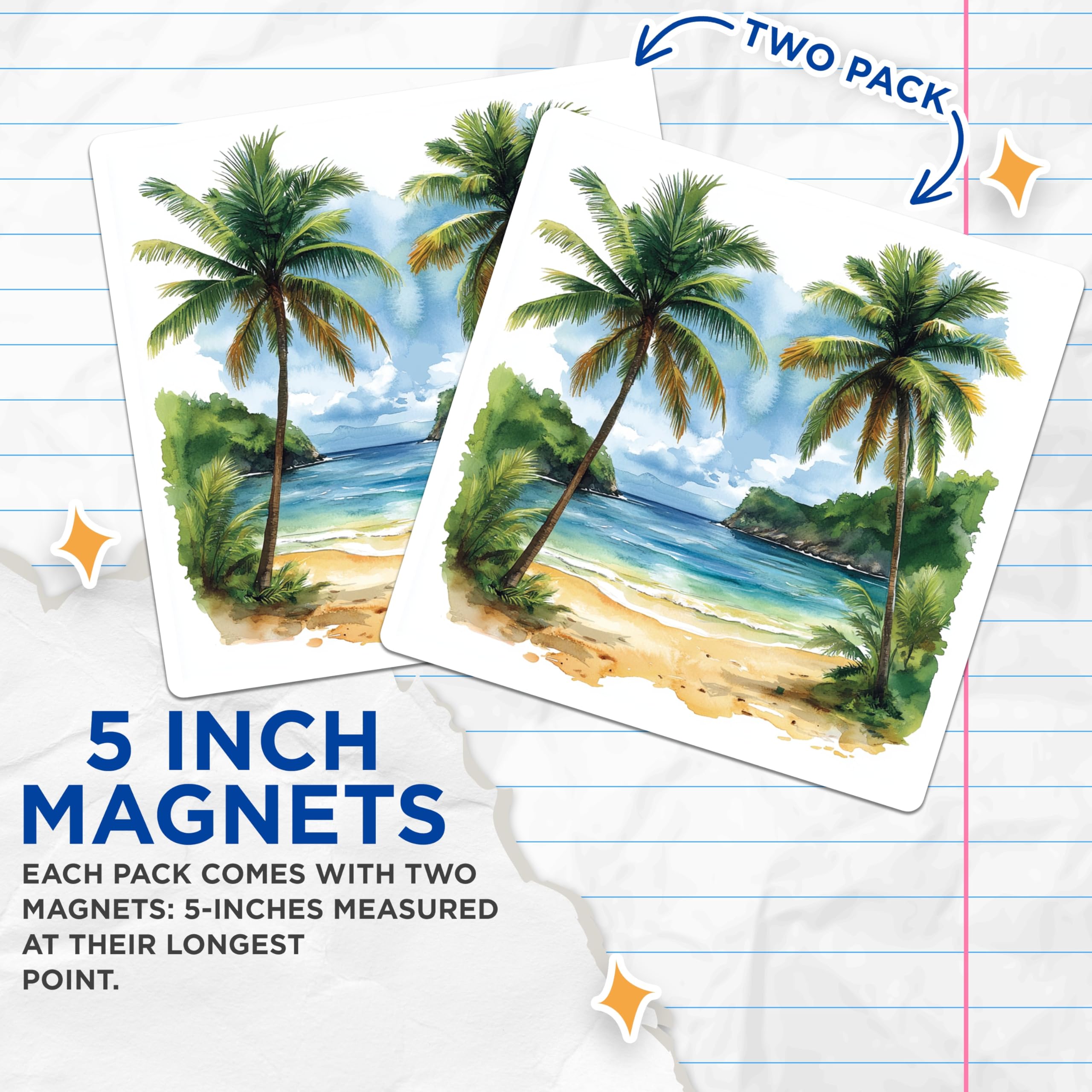 (2 Pack) Tropical Beach Magnets - Watercolor Palm Tree Scene - Island Paradise Decor - Ocean View Art - 5 Inches On Longest Side - Thick Durable Magnet - Made in USA - MAG23850