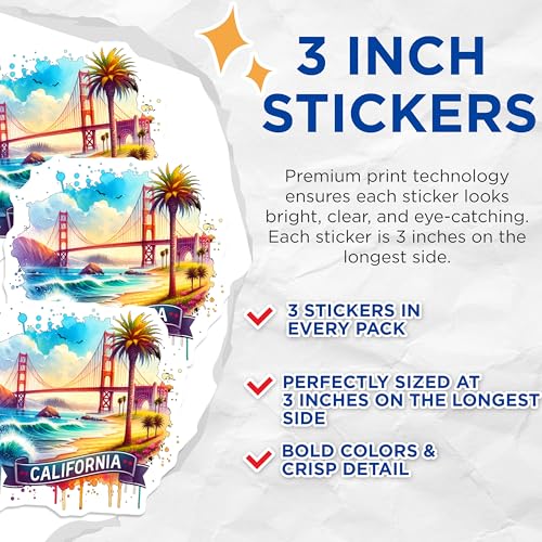 (3 Pack) California Decals - Golden Gate Bridge - Laptop Decal - San Francisco Decals- 3 Inches On Longest Side - Easy Peel & Apply - Made in USA - 3MCS5664