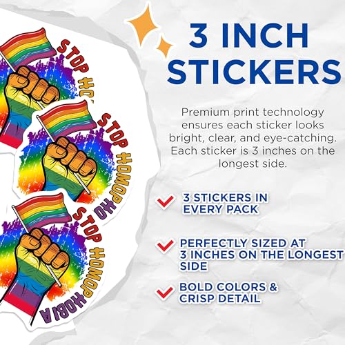 (3 Pack) Stop Homophobia Decals - LGBT Pride Decal - Equality Decals - 3 Inches On Longest Side - Easy Peel & Apply - Made in USA - 3MCS7952