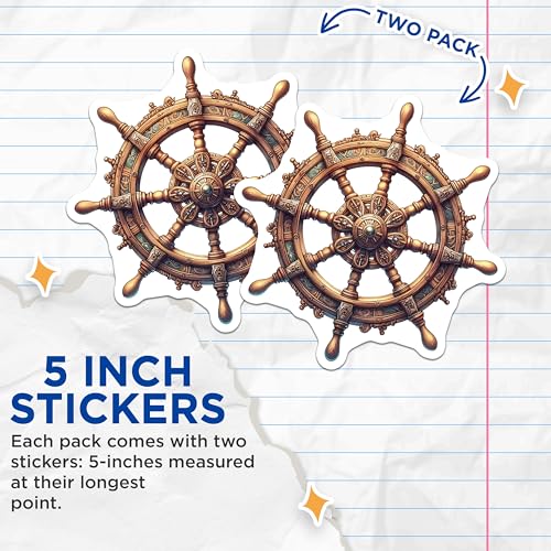 (2 Pack) Nautical Helm Wheel Stickers - Vintage Ship Wheel - Nautical Decor Stickers - 5" On Longest Side - Sticks to Smooth Flat Surfaces - Made in USA - BMCS7111