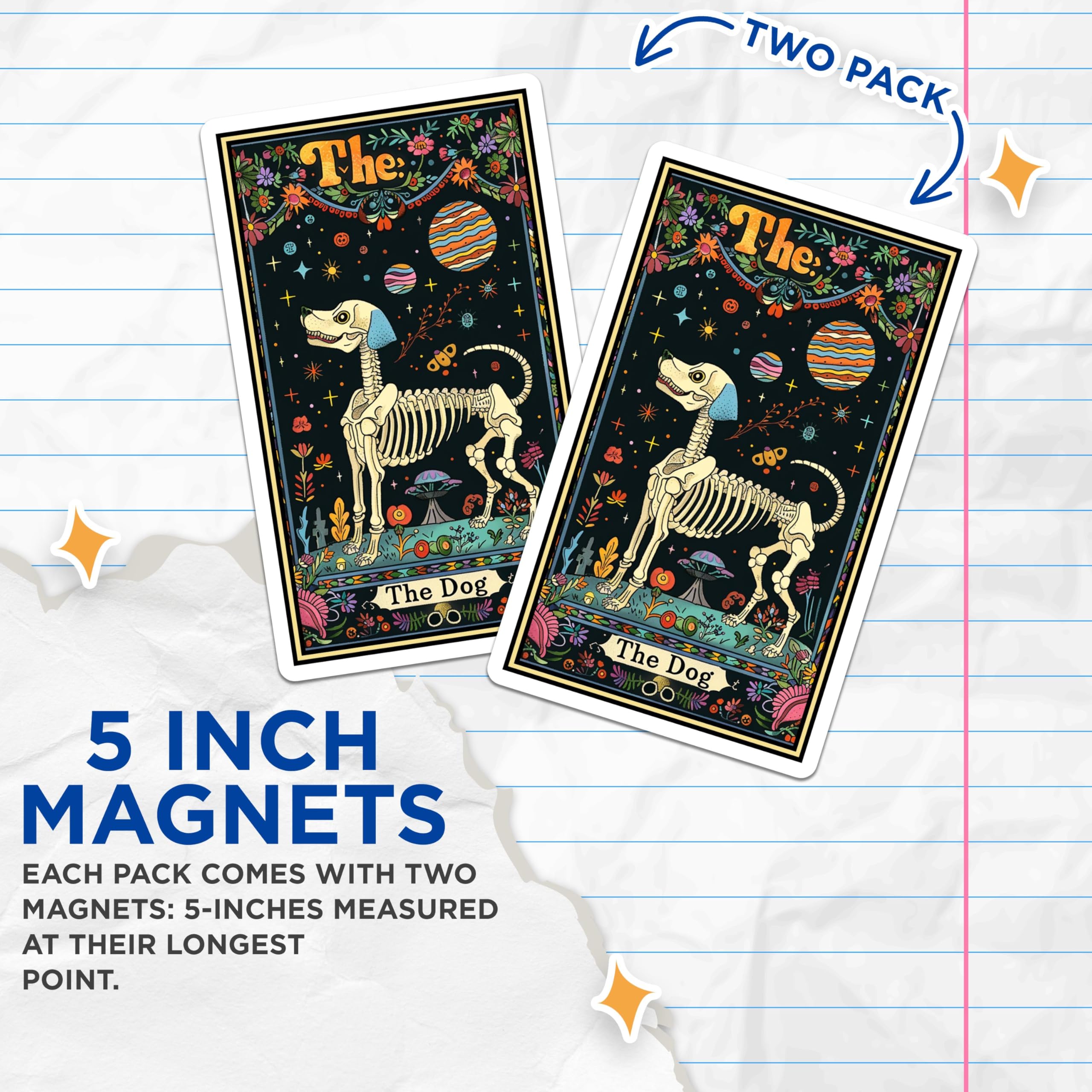(2 Pack) The Dog Tarot Card Magnets - Skeleton Dog Magnet - Tarot-Themed Dog Magnets - 5" On Longest Side - for Cars, Fridges, Toolboxes - Made in USA - MAG3666