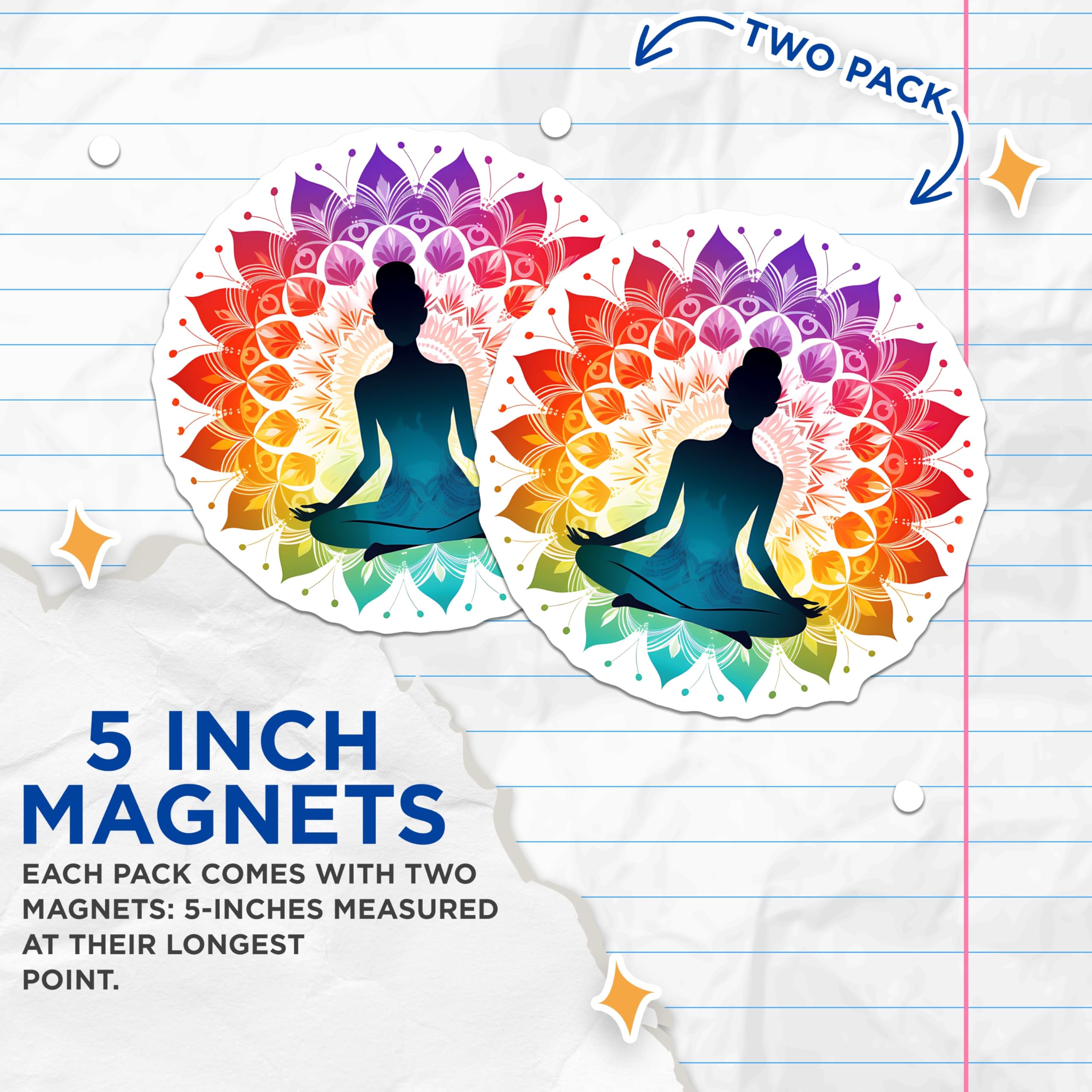 (2 Pack) Yoga Meditation Magnets - Vibrant Chakra Mandala Art - Spiritual Zen Home Decor - Peaceful Mindfulness Artwork - 5 Inches On Longest Side - Thick Durable Magnet - Made in USA - MAG22590