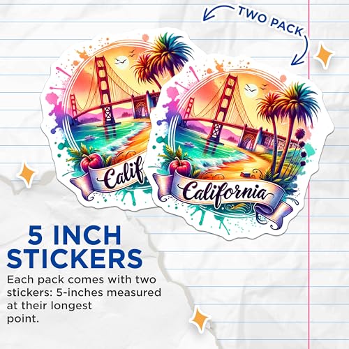 (2 Pack) California Stickers - Golden Gate Bridge Sticker - Beach and Palm Trees Decal - 5" On Longest Side - Sticks to Smooth Flat Surfaces - Made in USA - BMCS6644