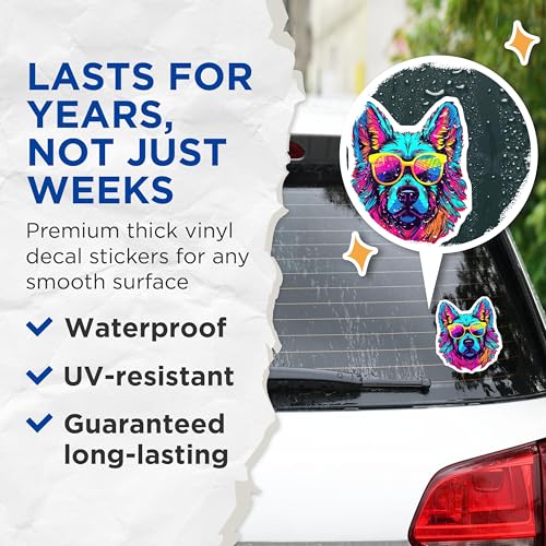 (2 Pack) Cool Dog Stickers - Vibrant Dog Design - Colorful Pet Art - Fun Animal Stickers - Creative Dog Lover Decal - 5" On Longest Side - Sticks to Smooth Flat Surfaces - Made in USA - BMCS7238