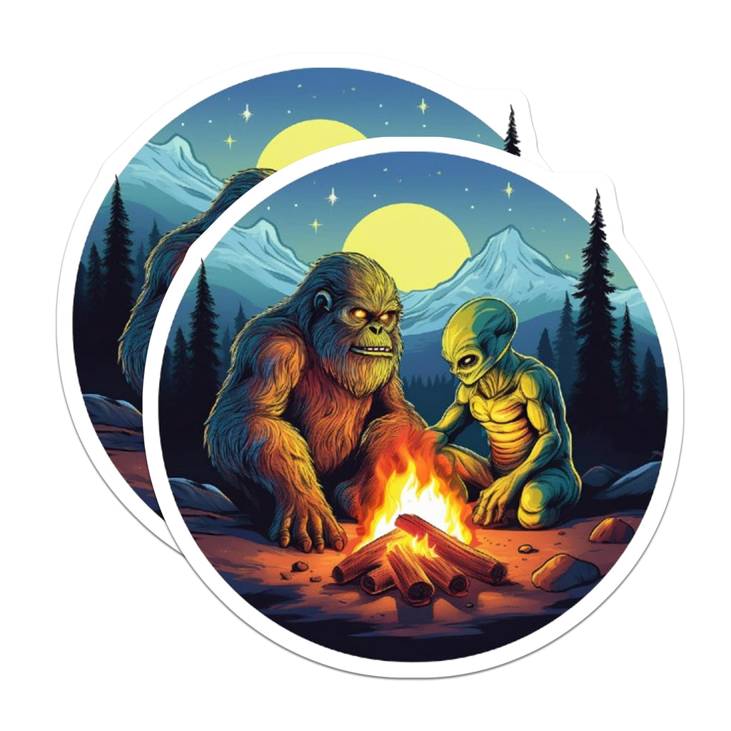 (2 Pack) Bigfoot Alien Campfire Magnets - Sasquatch Extraterrestrial Forest Scene - Cryptid UFO Night Sky Decor - 5 Inches On Longest Side - Thick Durable Magnet - Made in USA - MAG22321