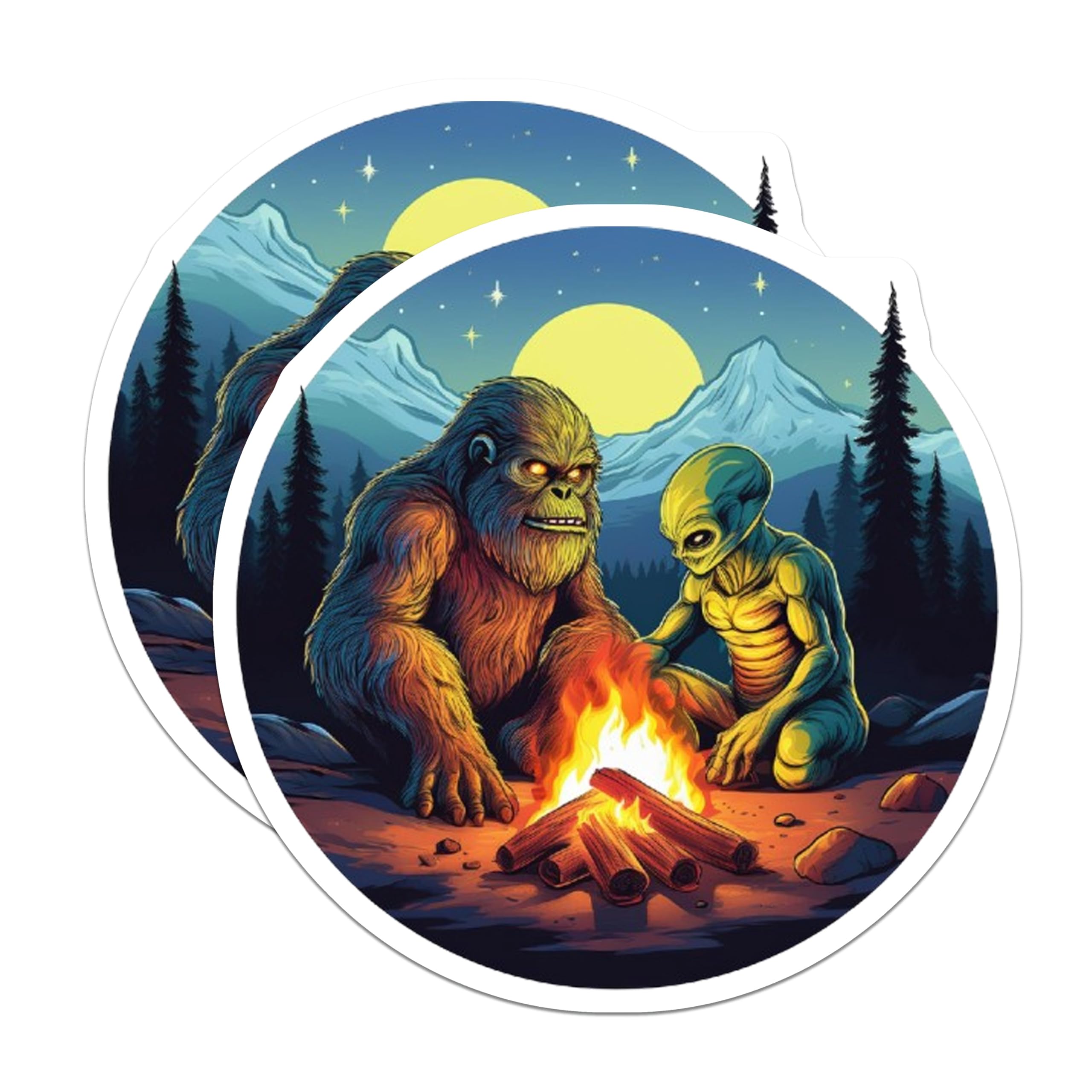 (2 Pack) Bigfoot Alien Campfire Magnets - Sasquatch Extraterrestrial Forest Scene - Cryptid UFO Night Sky Decor - 5 Inches On Longest Side - Thick Durable Magnet - Made in USA - MAG22321