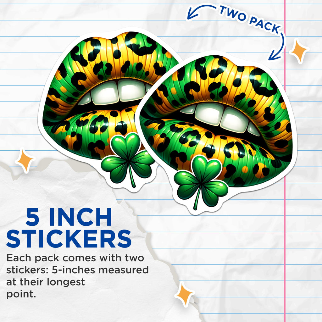 (2 Pack) Leopard Lips Stickers - St Patricks Day - Irish Shamrock Stickers - 5" On Longest Side - Sticks to Smooth Flat Surfaces - Made in USA - BMCS17136