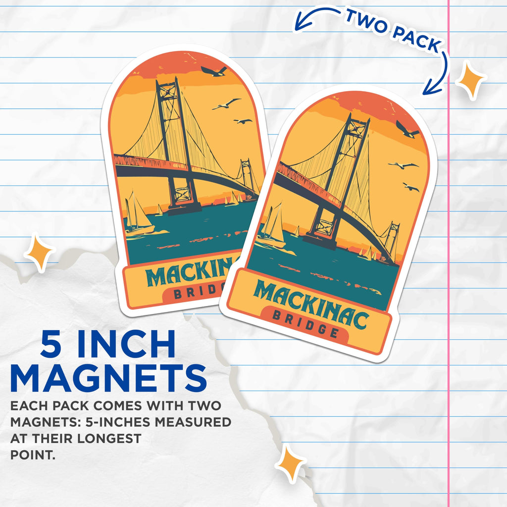 (2 Pack) Mackinac Bridge Magnets - Michigan Travel Souvenir - Vintage Style Landmark Art - 5 Inches On Longest Side - Thick Durable Magnet - Made in USA - MAG19668