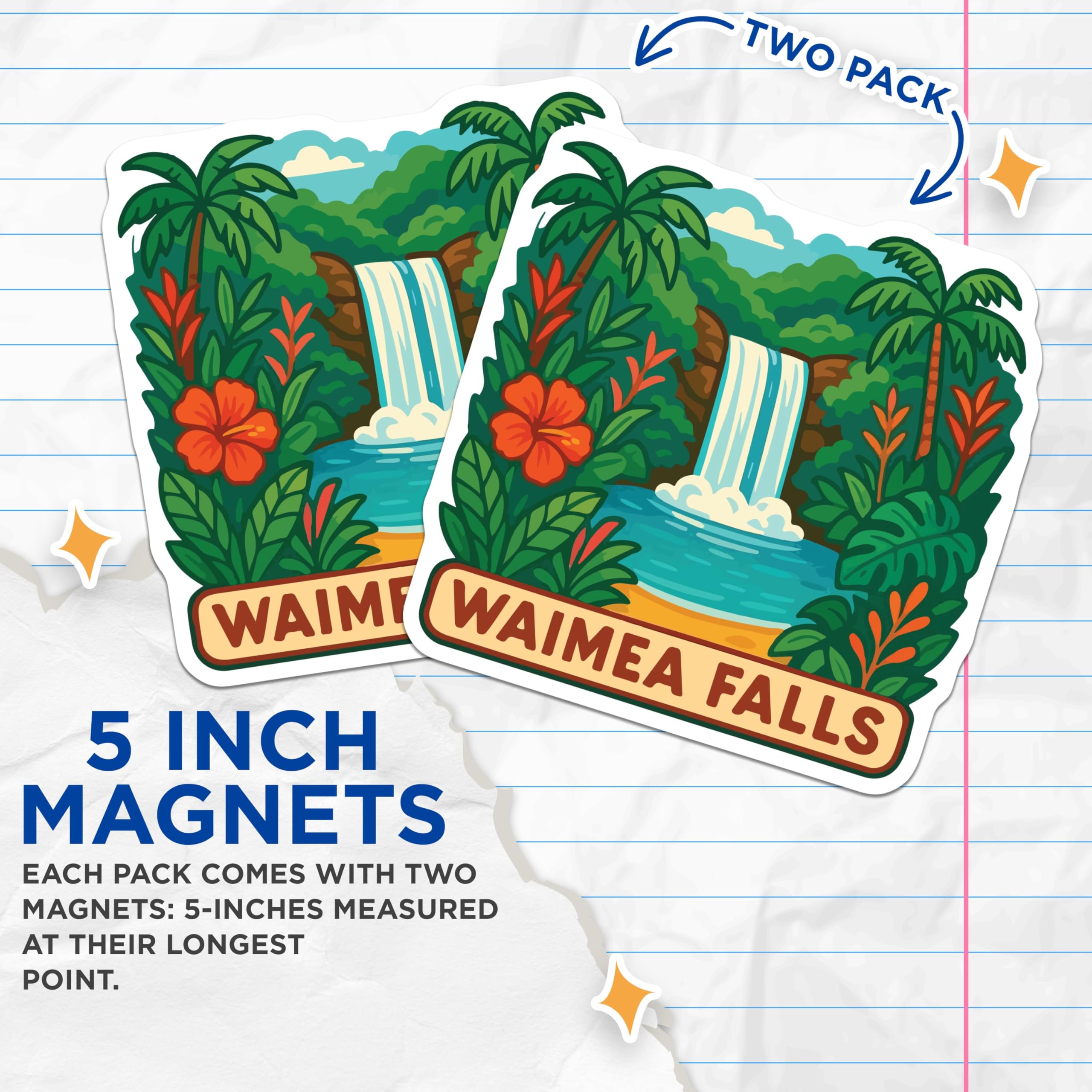 (2 Pack) Waimea Falls Hawaii Magnets - Tropical Island Waterfall Art Decor - Oahu Nature Scene Fridge - 5 Inches On Longest Side - Thick Durable Magnet - Made in USA - MAG20044