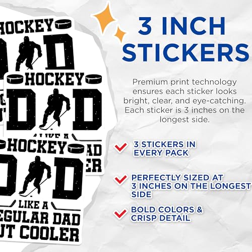 (3 Pack) Hockey Dad Decals - Regular Dad But Cooler - Sports Lover Decal - 3 Inches On Longest Side - Easy Peel & Apply - Made in USA - 3MCS4919