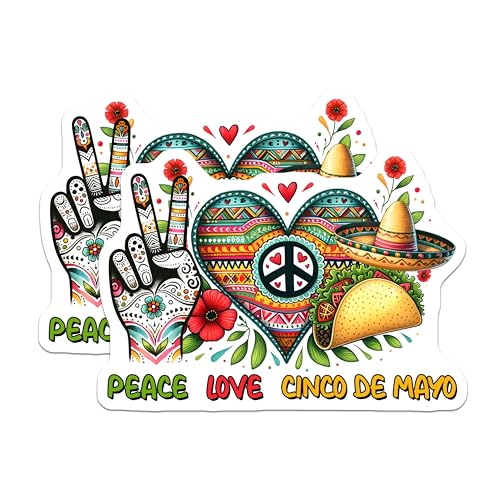 (2 Pack) Peace Love Cinco de Mayo Stickers - Mexican Celebration - Festive Event - 5" On Longest Side - Sticks to Smooth Flat Surfaces - Made in USA - BMCS8228