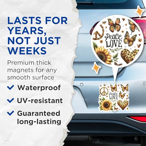 (2 Pack) Peace Love Butterfly Magnets - Sunflower Heart Magnets - Leopard Print Friend Magnets - Hippie Art Magnets- 5" On Longest Side - for Fridges, Toolboxes, Cars - Made in USA - MAG2910