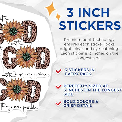 (3 Pack) Leopard Print Decals - Sunflower Decal - Christian Verse Decals - 3 Inches On Longest Side - Easy Peel & Apply - Made in USA - 3MCS4947