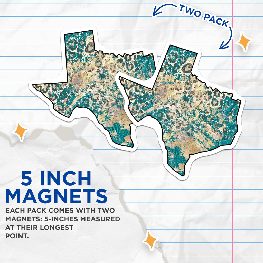 (2 Pack) Texas State Magnets - Turquoise Beige Leopard Print - Texas Home Decor - 5" On Longest Side - Premium Magnet - for Cars, Refrigerators, Toolboxes, Lockers - Made in USA - MAG18866