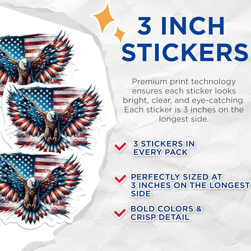 (3 Pack) American Eagle Decals - Patriotic Stickers - USA Flag Decor - 3 Inches On Longest Side - Easy Peel & Apply - Made in USA - 3MCS0258