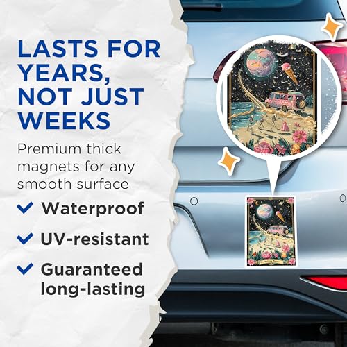 (2 Pack) Fantasy Art Magnet - Whimsical Skeletons - Space Ice Cream - Retro Van - Unique Fun Decor - 5" On Longest Side - Sticks to Smooth Flat Surfaces - Made in USA - MAG10005