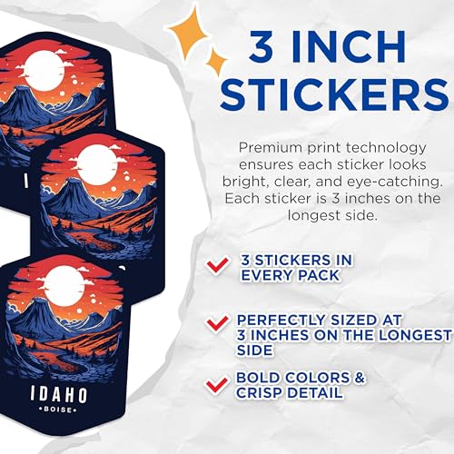 (3 Pack) Idaho Boise Decals - Mountain Landscape - Travel Souvenir - 3 Inches On Longest Side - Easy Peel & Apply - Made in USA - 3MCS0353