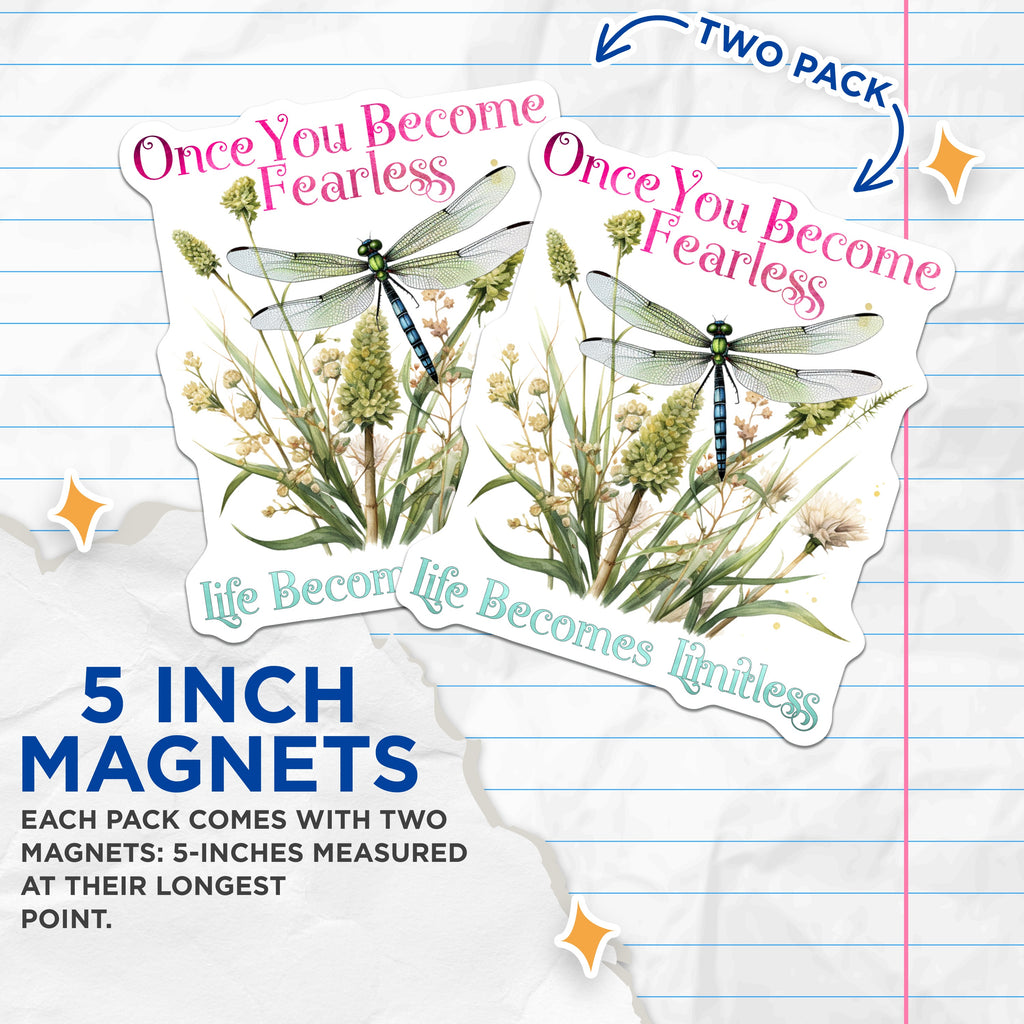 (2 Pack) Fearless Limitless Quote Magnets - Dragonfly Nature Art - Inspirational Affirmation - Women Empowerment Decor - 5 Inches On Longest Side - Thick Durable Magnet - Made in USA - MAG38913