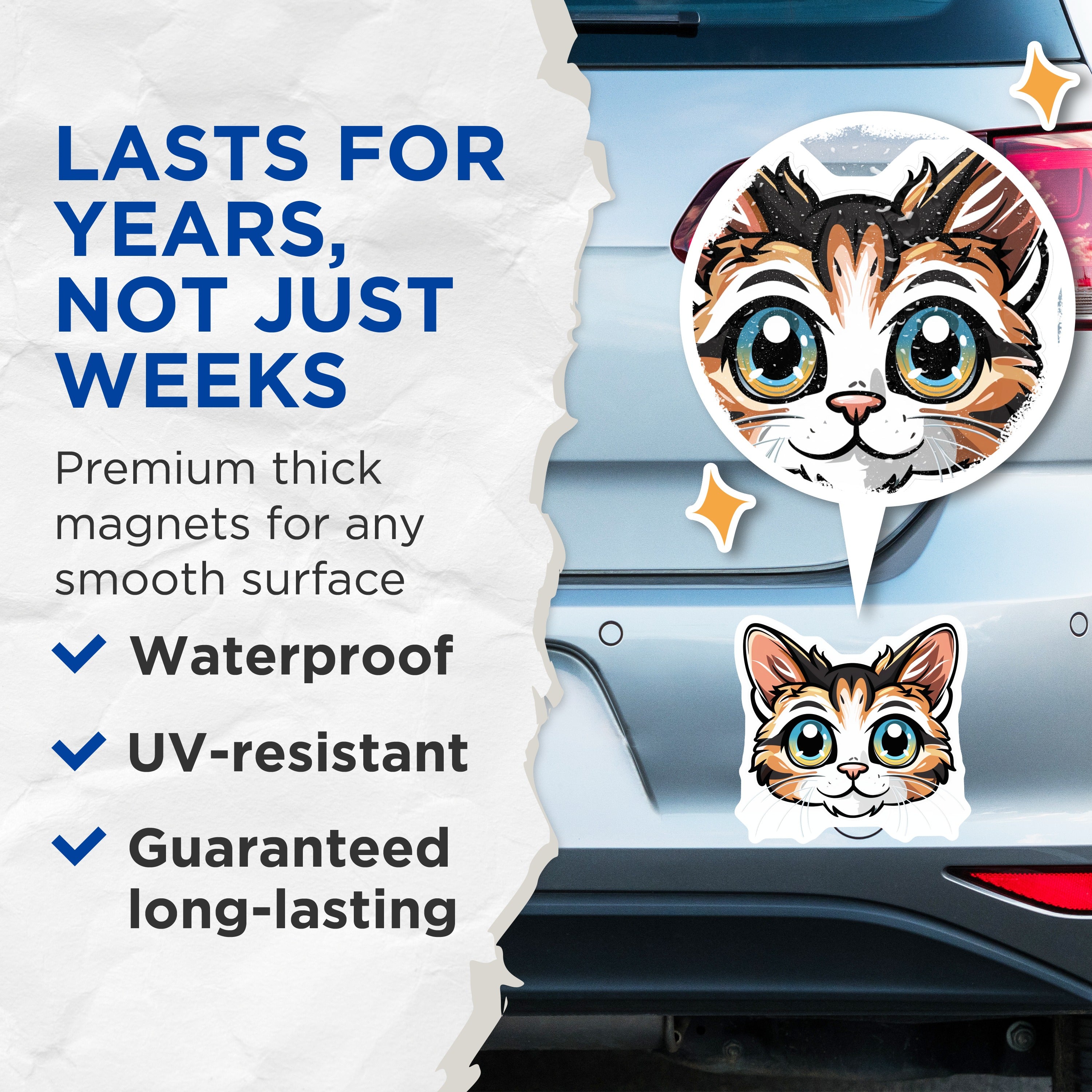 (2 Pack) Cute Cat Face Magnets - Kawaii Calico Kitten - Refrigerator Locker Decor - 5 Inches On Longest Side - Thick Durable Magnet - Made in USA - MAG36344