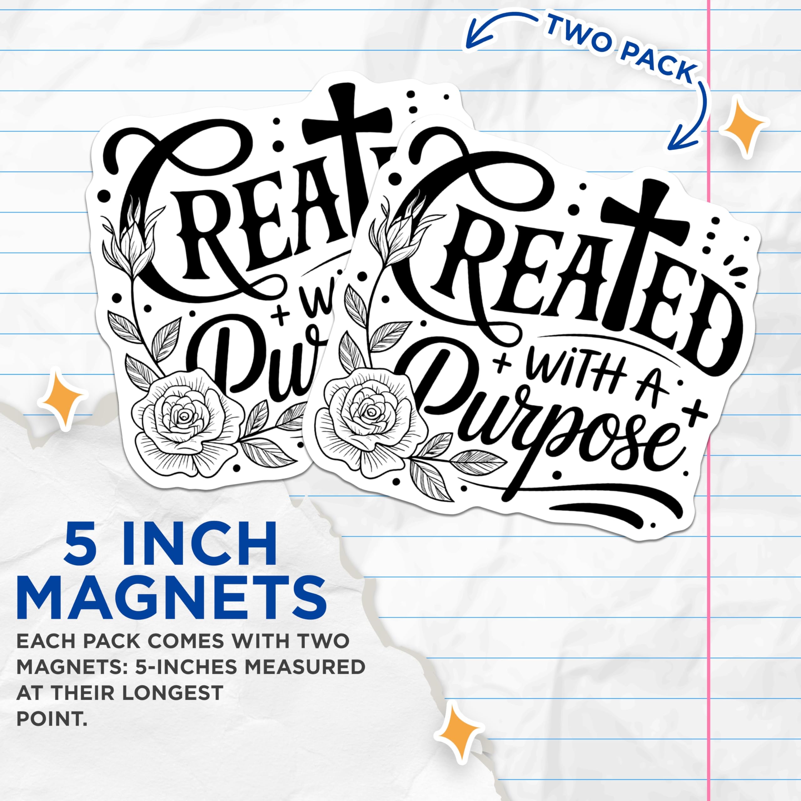(2 Pack) Created with Purpose Magnets - Floral Cross Magnets - Inspirational Quote Magnets - 5" On Longest Side - Premium Magnet - for Cars, Refrigerators, Toolboxes, Lockers - Made in USA - MAG14427