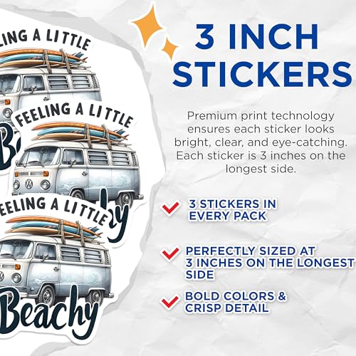 (3 Pack) Beachy Van Decals - Surfing VW Bus - Summer Trip Vibes - 3 Inches On Longest Side - Easy Peel & Apply - Made in USA - 3MCS8042