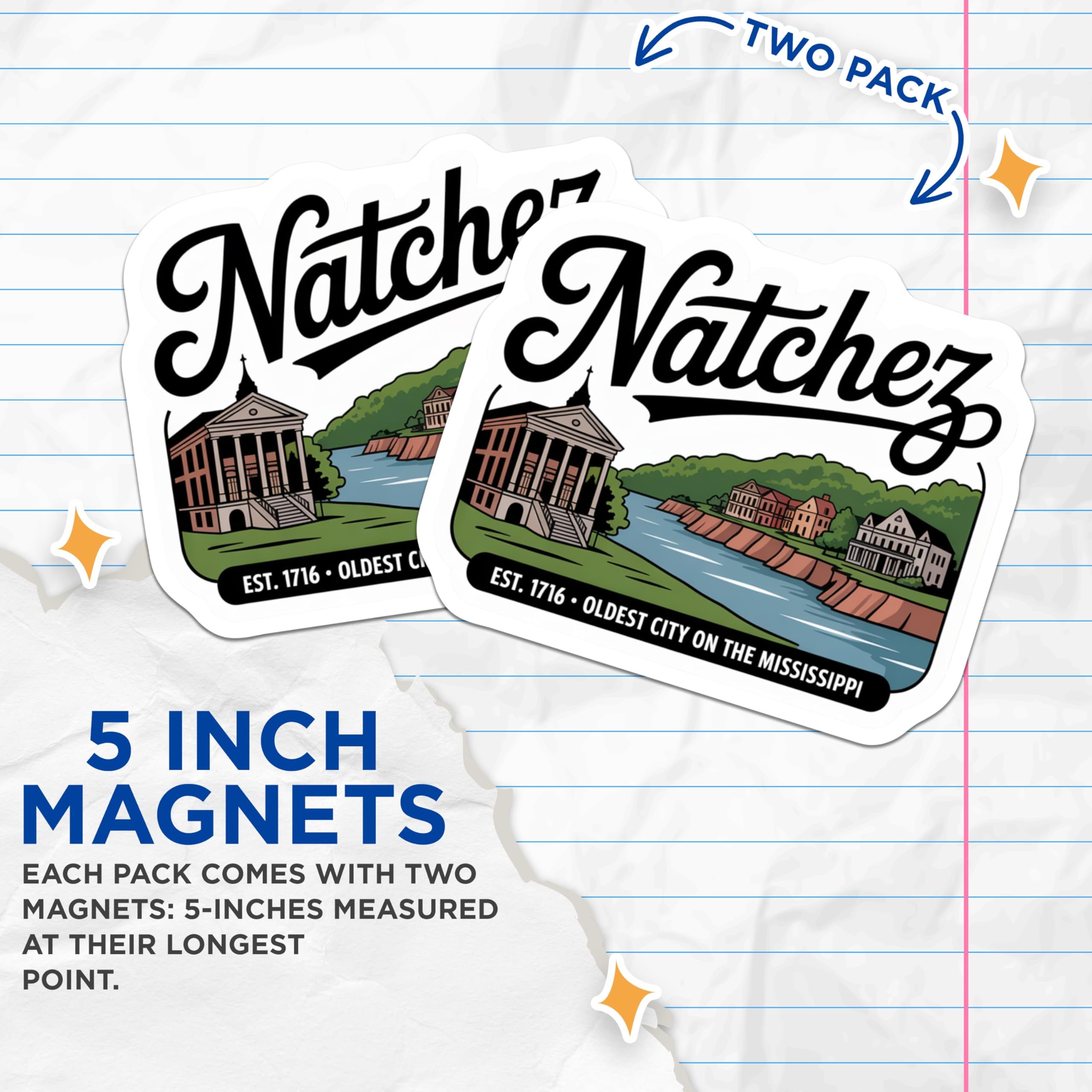(2 Pack) Natchez Mississippi Magnets - Oldest City - River Town Souvenir - 5" On Longest Side - Premium Magnet - for Cars, Refrigerators, Toolboxes, Lockers - Made in USA - MAG18045