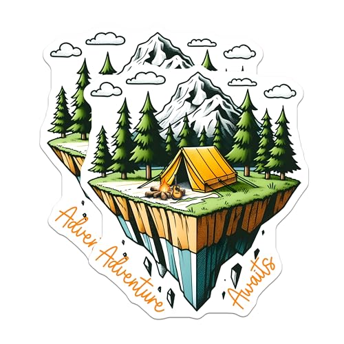 (2 Pack) Adventure Awaits Stickers - Camping Tent Stickers - Floating Island Stickers - 5" On Longest Side - Sticks to Any Smooth Flat Surface - Made in USA - BMCS3269