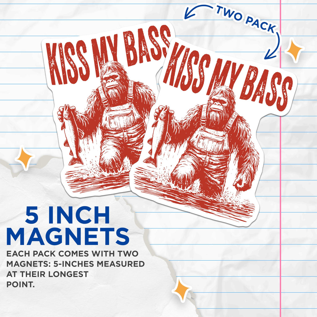 (2 Pack) Bigfoot Fishing Magnets - Kiss My Bass Sasquatch Angler - Funny Fisherman Refrigerator Decor - 5 Inches On Longest Side - Thick Durable Magnet - Made in USA - MAG21079