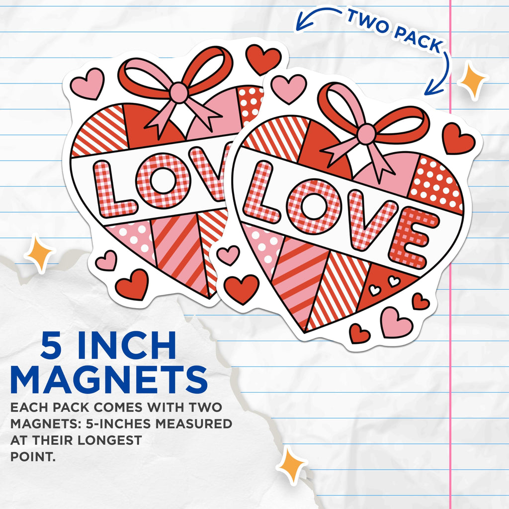 (2 Pack) Love Heart Magnets - Valentine's Day Decor - Patterned Love Message Magnets - Fridge Locker Accent - 5 Inches On Longest Side - Thick Durable Magnet - Made in USA - MAG22245
