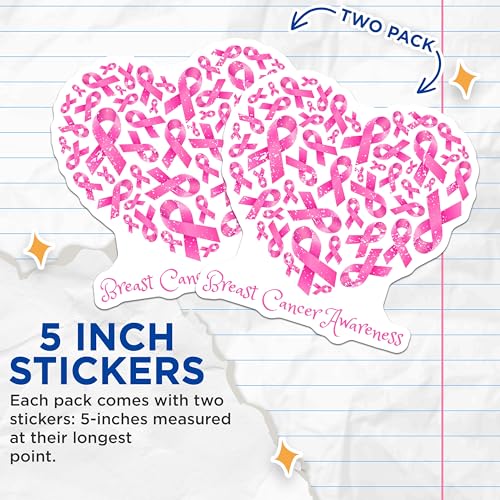(2 Pack) Breast Cancer Awareness Stickers - Pink Ribbon Stickers - Heart Shape Stickers for Health Awareness - 5" On Longest Side - Sticks to Any Smooth Flat Surface - Made in USA - BMCS3369