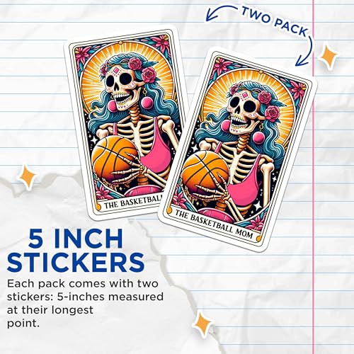(2 Pack) Skull Basketball Mom Stickers - Day of The Dead Stickers - Basketball Mom - Skeleton Sports Decal - 5" On Longest Side - Sticks to Smooth Flat Surfaces - Made in USA - BMCS4765