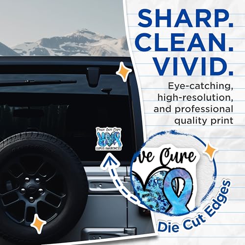 (2 Pack) Peace Love Cure Lupus Awareness Stickers - Blue Awareness Ribbon Decals - Lupus Support Stickers for Laptops - 5" On Longest Side - Sticks to Smooth Flat Surfaces - Made in USA - BMCS4286