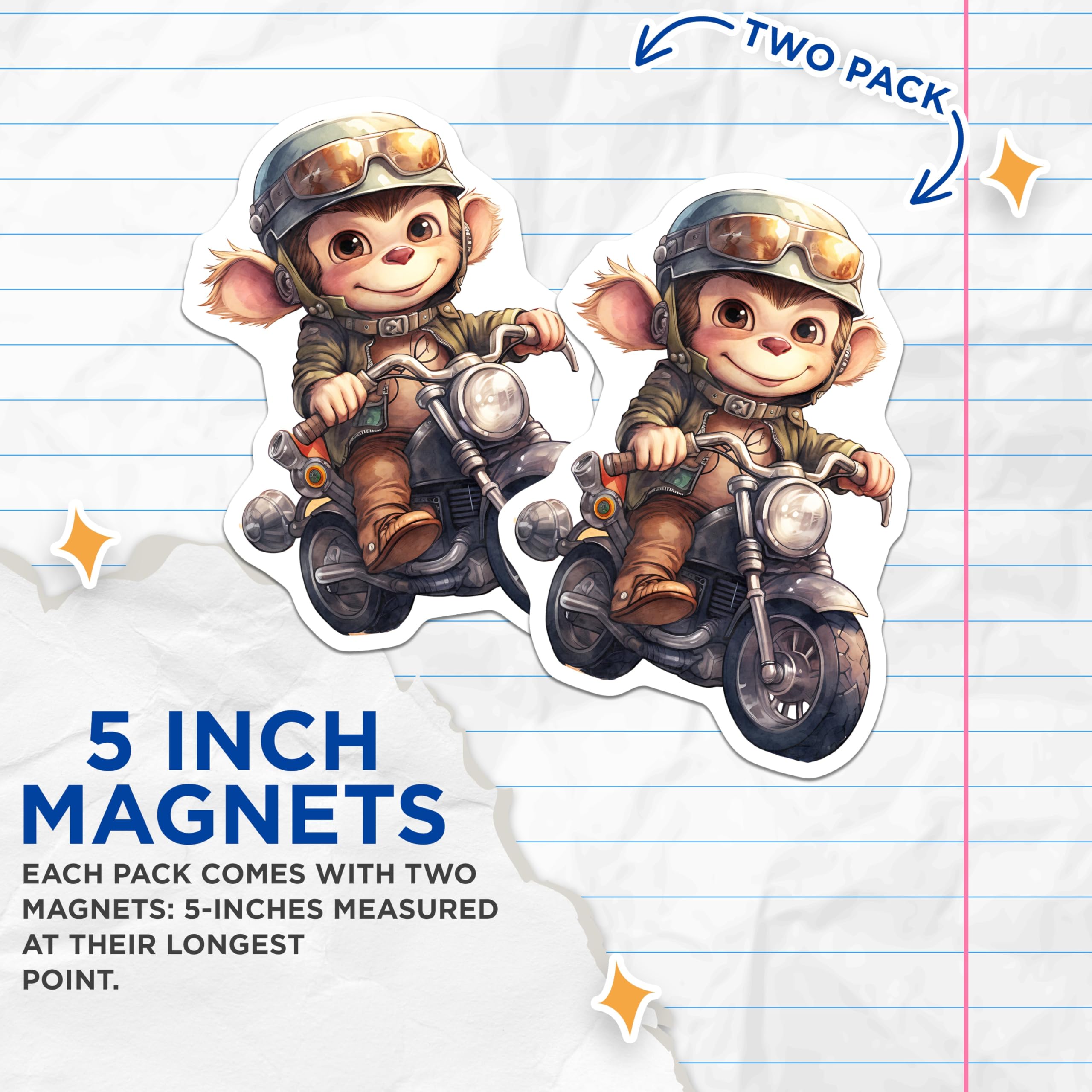 (2 Pack) Monkey Biker Magnets - Motorcycle Lover Decor - Funny Animal Magnets - 5" On Longest Side - Premium Magnet - for Cars, Refrigerators, Toolboxes, Lockers - Made in USA - MAG16888