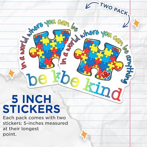 (2 Pack) Be Kind Stickers - Autism Awareness - Puzzle Piece Design - 5" On Longest Side - Sticks to Smooth Flat Surfaces - Made in USA - BMCS8597