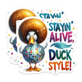(2 Pack) Stayin Alive Duck Style Stickers - Funny Disco Duck Stickers - Retro Humor Stickers - 5" On Longest Side - Sticks to Smooth Flat Surfaces - Made in USA - BMCS6371