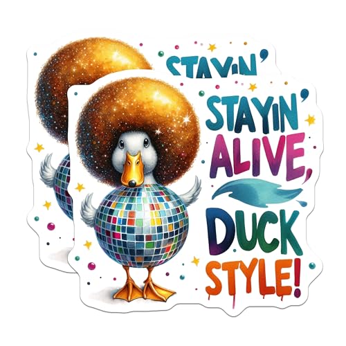 (2 Pack) Stayin Alive Duck Style Stickers - Funny Disco Duck Stickers - Retro Humor Stickers - 5" On Longest Side - Sticks to Smooth Flat Surfaces - Made in USA - BMCS6371