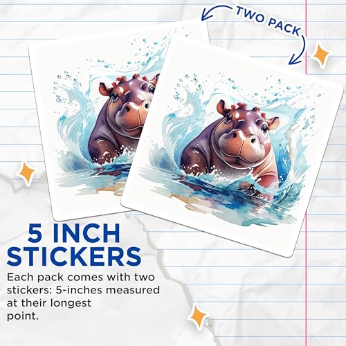 (2 Pack) Hippopotamus Splash Stickers - Cute Water Art - Fun Animal Illustration - 5" On Longest Side - Sticks to Smooth Flat Surfaces - Made in USA - BMCS8702