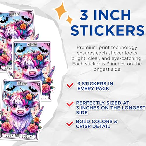 (3 Pack) Mad Cow Decals - Cute but Psycho - Laptop Decal - 3 Inches On Longest Side - Easy Peel & Apply - Made in USA - 3MCS1379