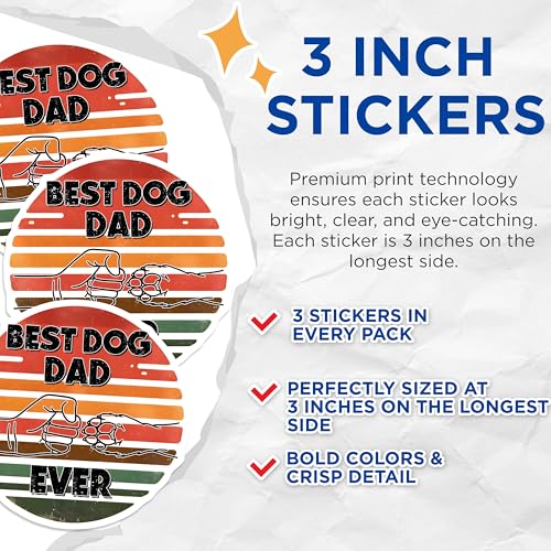 (3 Pack) Best Dog Dad Ever Decals - Dog Lover Present - Animal Pet Parent Stickers - 3 Inches On Longest Side - Easy Peel & Apply - Made in USA - 3MCS2020