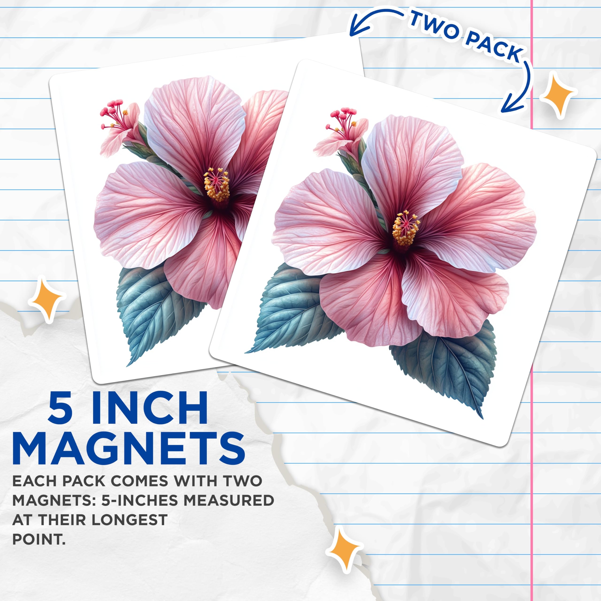 (2 Pack) Hibiscus Flower Magnets - Tropical Floral Refrigerator Accents - Botanical Art for Kitchen Fridge - 5 Inches On Longest Side - Thick Durable Magnet - Made in USA - MAG30630