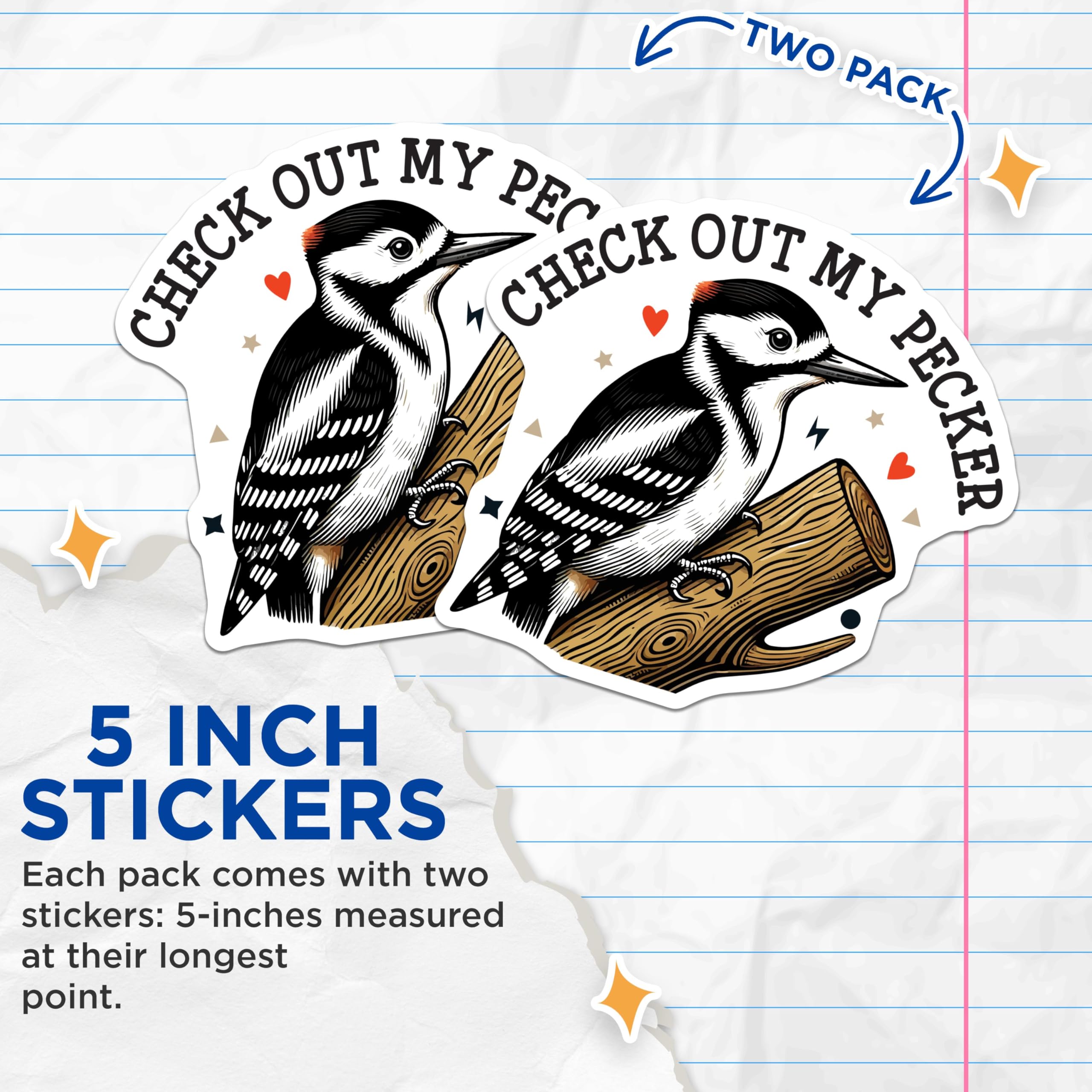 (2 Pack) Check Out My Pecker Stickers - Funny Wildlife Stickers - Humor Bird Decal - 5" On Longest Side - Sticks to Smooth Flat Surfaces - Made in USA - BMCS6330