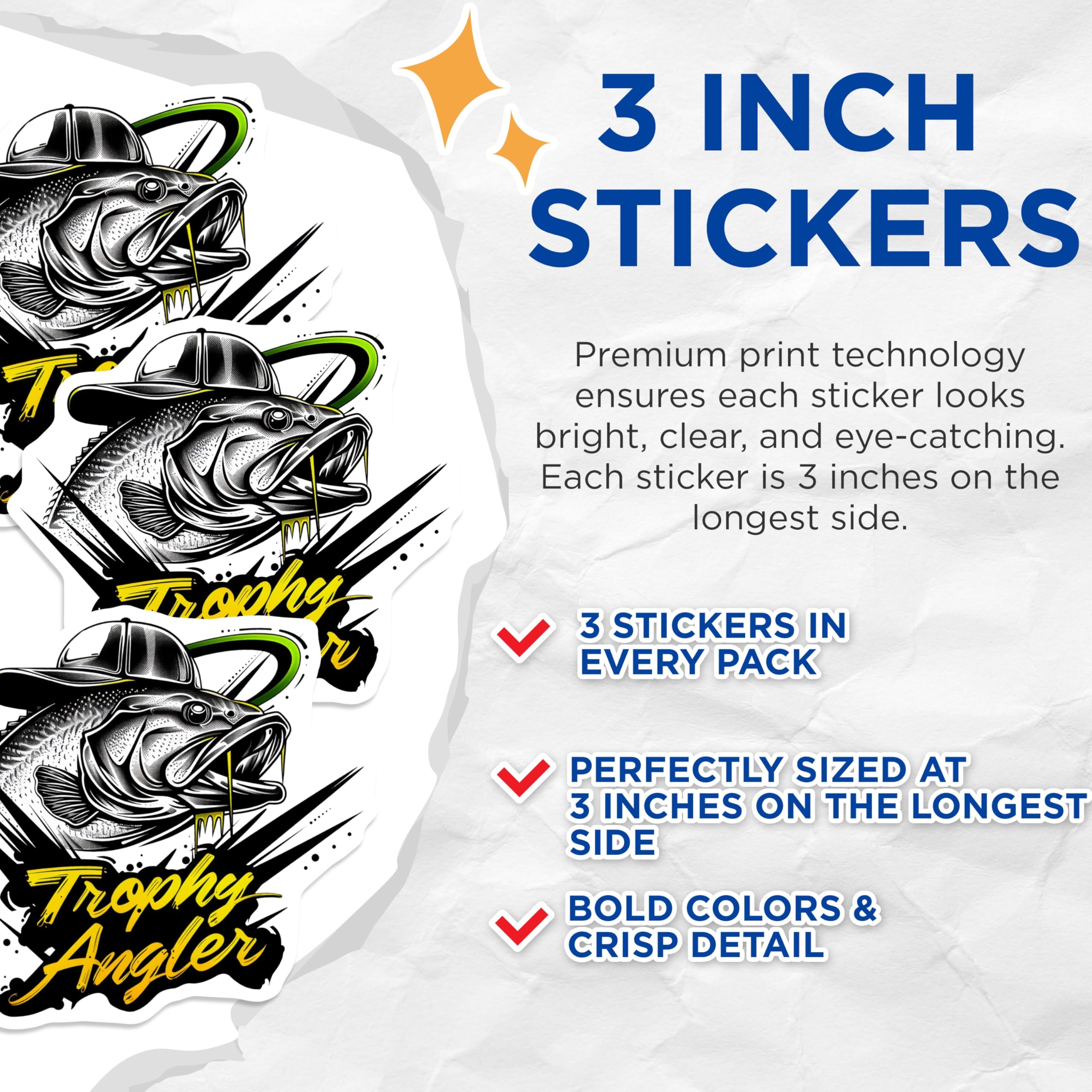 (3 Pack) Bass Fishing Decals - Trophy Angler Decal - Fisherman Laptop Decal - 3 Inches On Longest Side - Easy Peel & Apply - Made in USA - 3MCS2376