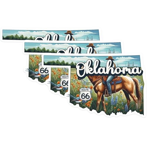 (3 Pack) Oklahoma Decals - Cowboy Horse - Route 66 State Art - 3 Inches On Longest Side - Easy Peel & Apply - Made in USA - 3MCS0158