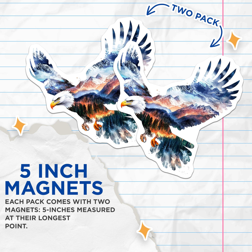 (2 Pack) Eagle Magnets - Mountain Scene Art - Wildlife Magnets - 5" On Longest Side - Premium Magnet - for Cars, Refrigerators, Toolboxes, Lockers - Made in USA - MAG15419