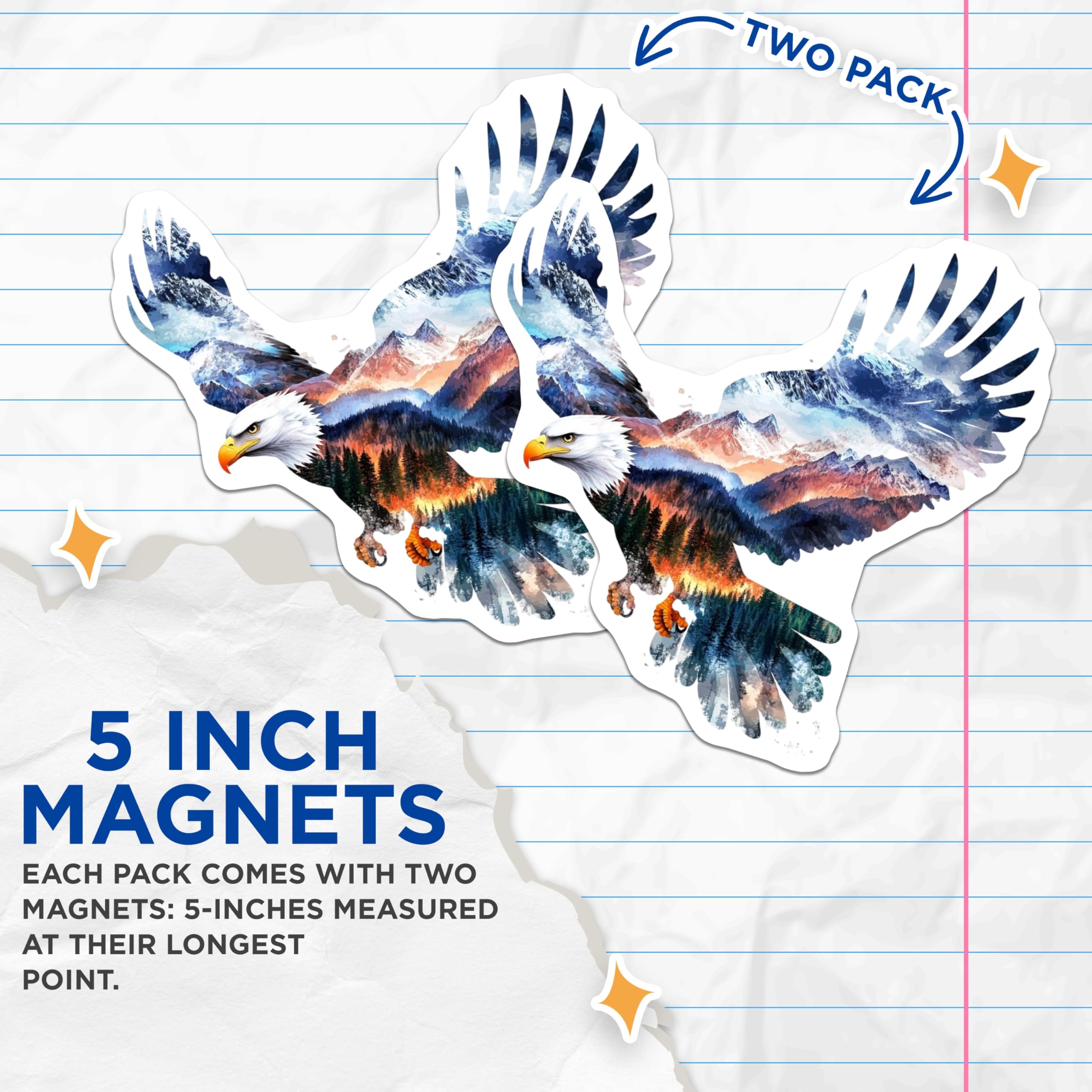(2 Pack) Eagle Magnets - Mountain Scene Art - Wildlife Magnets - 5" On Longest Side - Premium Magnet - for Cars, Refrigerators, Toolboxes, Lockers - Made in USA - MAG15419