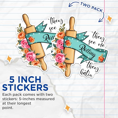 (2 Pack) Funny They See Me Rolling Stickers - Kitchen Decor Stickers - Cooking Quotes Stickers - 5" On Longest Side - Sticks to Any Smooth Flat Surface - Made in USA - BMCS3044