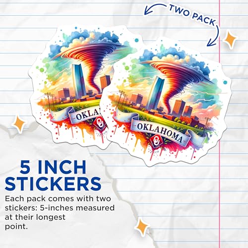 (2 Pack) Oklahoma Tornado Stickers - Scenic City Skyline - Colorful Weather Illustration - 5" On Longest Side - Sticks to Smooth Flat Surfaces - Made in USA - BMCS6577