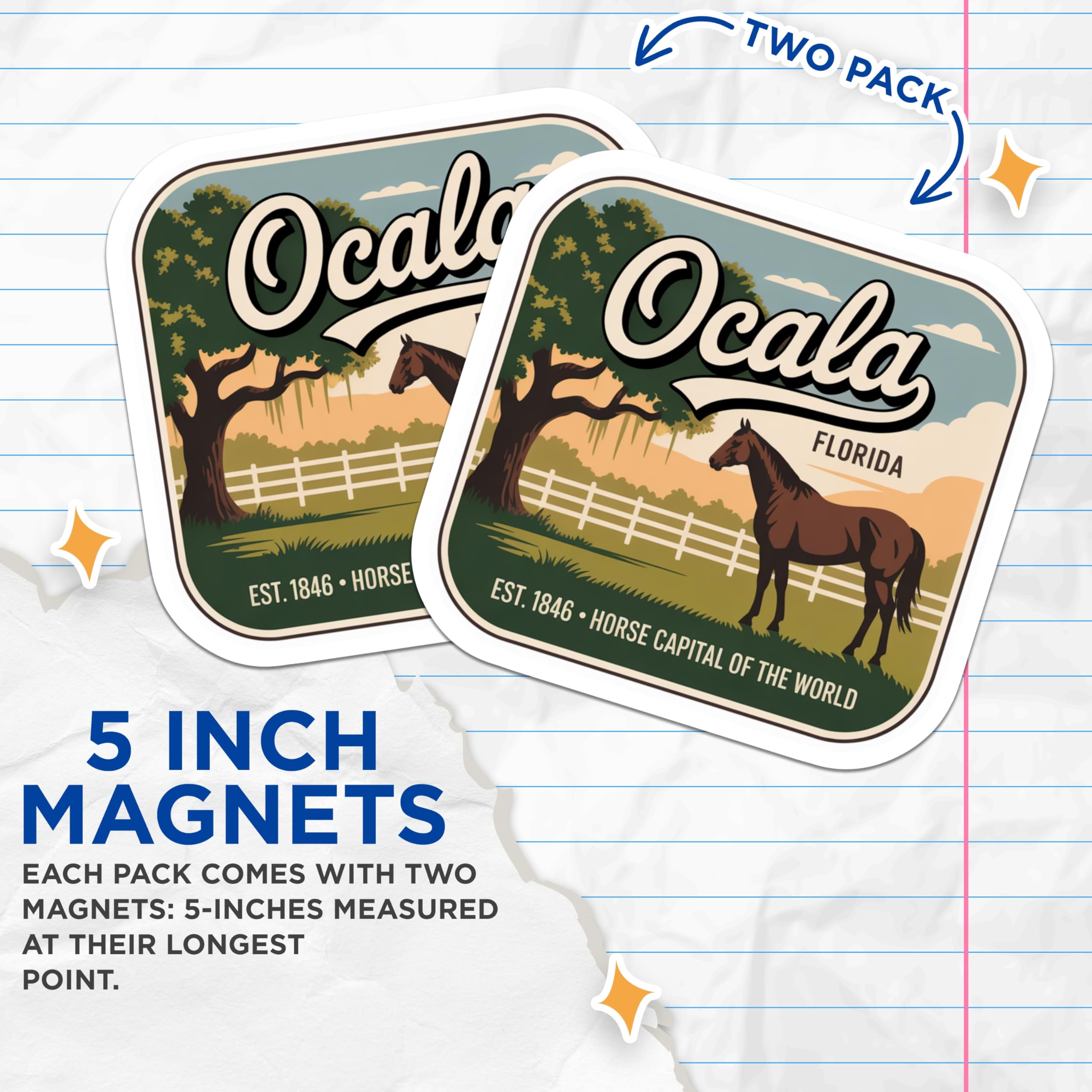 (2 Pack) Ocala Florida Magnets - Horse Capital of The World - Fridge Decor - 5" On Longest Side - Premium Magnet - for Cars, Refrigerators, Toolboxes, Lockers - Made in USA - MAG18753