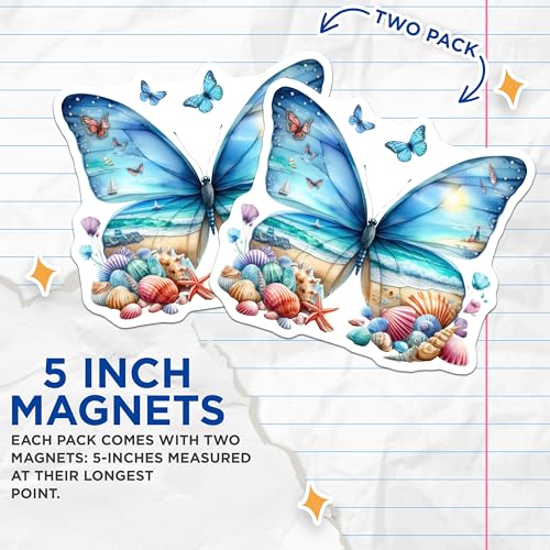 (2 Pack) Beach Scene Butterfly Magnets - Nautical Decor - Vacation Memory Display - Ocean View Magnets - Seaside Artwork - 5" On Longest Side - for Cars, Fridges, Toolboxes - Made in USA - MAG6879