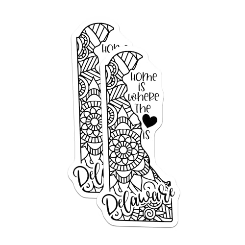 (2 Pack) Delaware State Mandala Stickers - Home is Where The Heart is - Artistic State Decals - 5" On Longest Side - Sticks to Smooth Flat Surfaces - Made in USA - BMCS9106